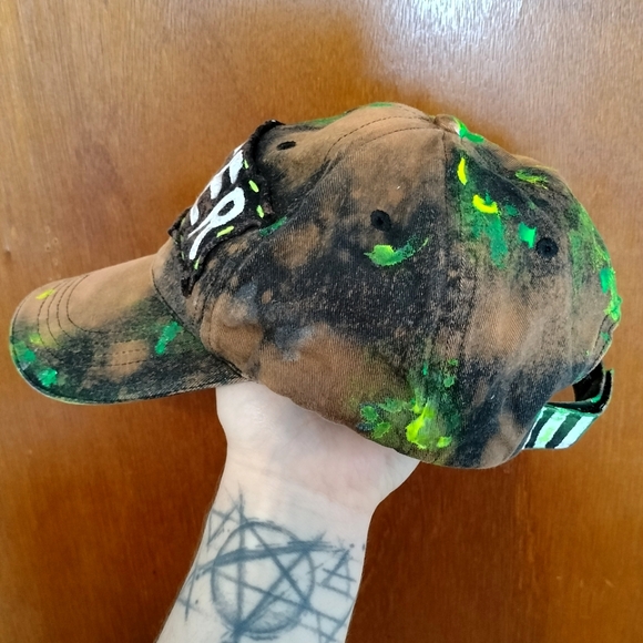 QUEER Bleach Dyed Splatter Painted Hat (lime green and neon yellow) - Picture 5 of 8